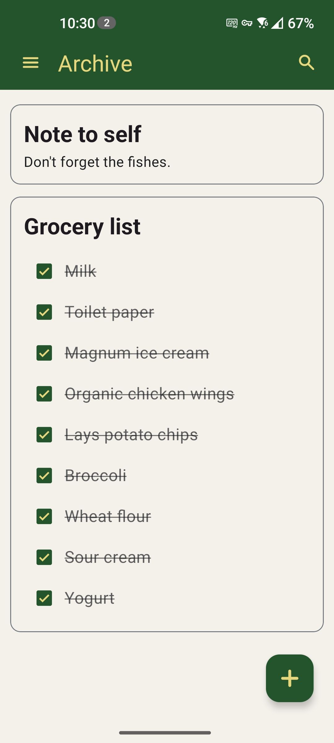 The Archive screen showing notes that have been archived. 