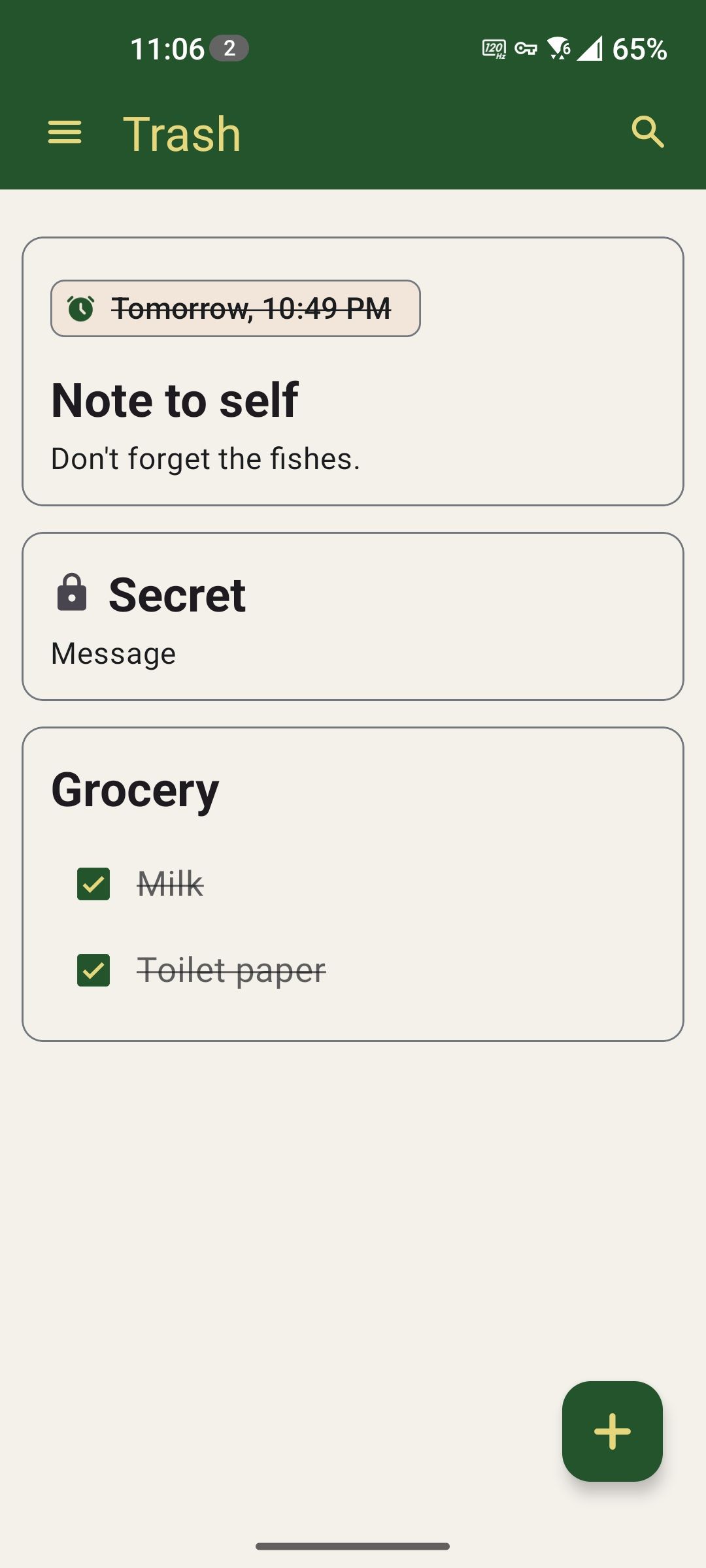 The Trash screen showing deleted notes, reminders or archive items.